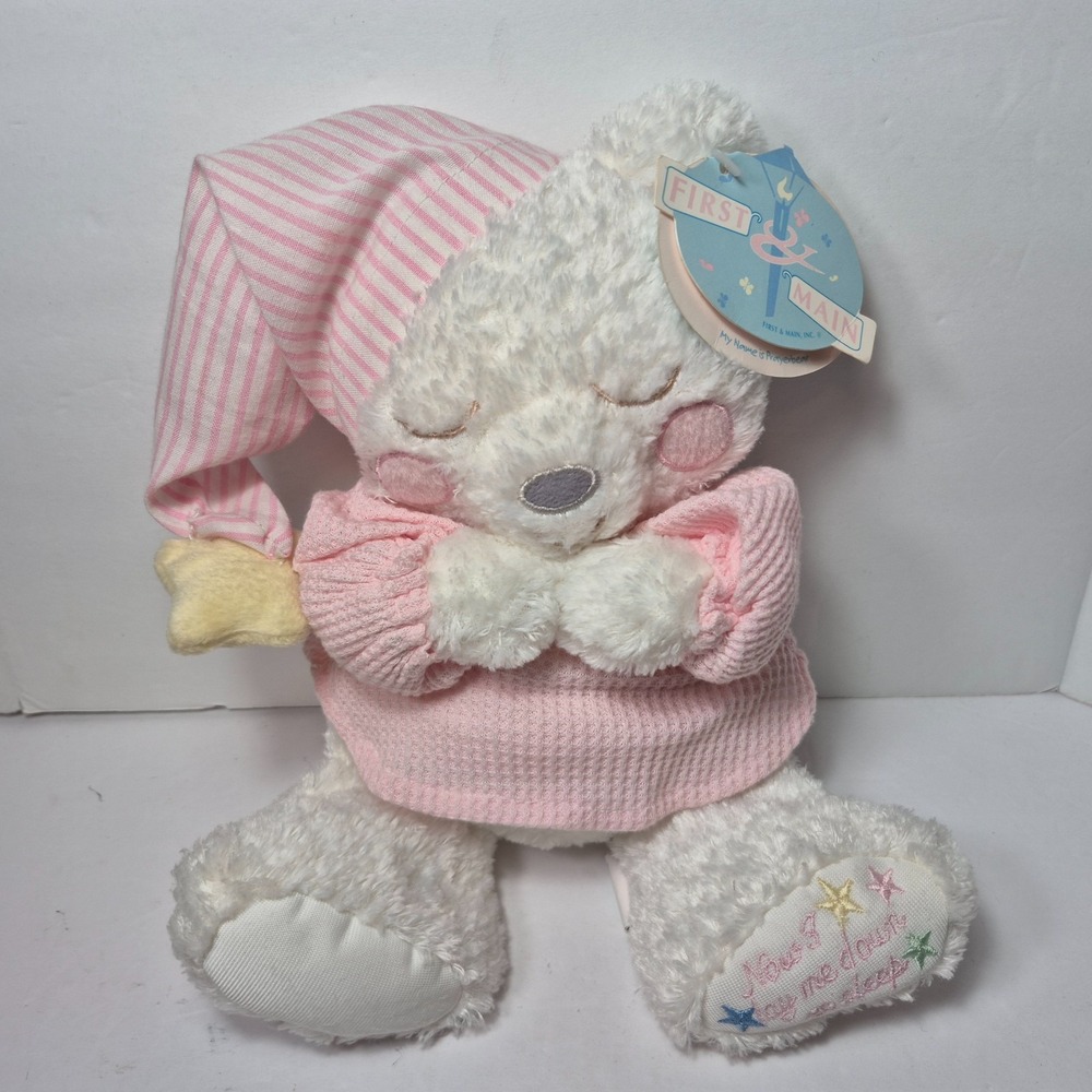 First & Main Prayer Bear White Plush Teddy Pink Pajamas Nightcap Embroidered 10"